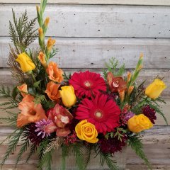 Flowers - Red Gerber Daisies, Yellow Roses, Orange Orchids, Orange Gladiolas, Burgundy Mums with assorted Greenery in a wooden box container