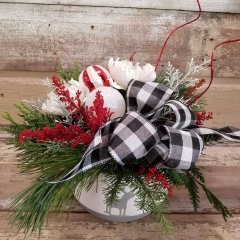 Winter Green Christmas Arrangement in a White Cermamic Container